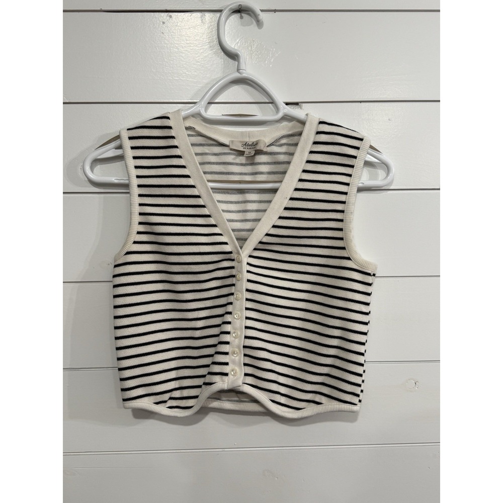 Atelier Womens Black White Striped 7 mini button Sweater Vest Sz Med